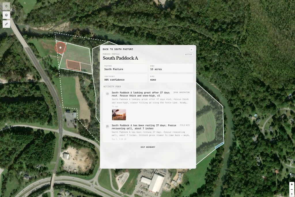 OpenPasture Cloud dashboard showing a farm map with pastures, paddocks, herds, and a context inspector panel